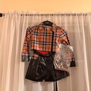 Plaid Cropped Jacket and Black Shorts Set